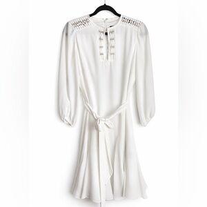 White House Black Market Dress Size 4 White Long Sleeve Tie Waist Flowy